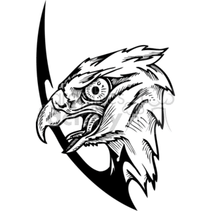 Detailed black and white clipart of a fierce raven's head with intricate line work, showcasing its beak and feathers.