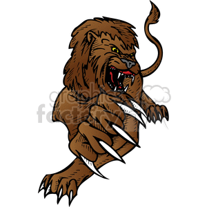 The clipart image depicts a stylized drawing of a lion in a dynamic pose that is likely designed to convey power and aggression. The lion is shown with its claws extended, bared teeth, and an intense gaze, which are elements that emphasize its predatory nature. This illustration appears suitable for applications such as tattoos, vinyl cutter designs for signage, or graphic elements for various types of merchandise where a bold, wild animal motif is desired.