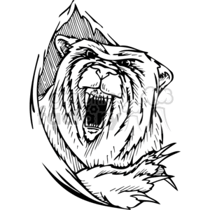 This image features a stylized depiction of a roaring grizzly bear. The design is presented in high-contrast black-and-white, making it suitable for vinyl cutters and as a tattoo template. The bear's facial expression is aggressive, showcasing its open mouth and bared teeth, emphasizing the fierceness of this wild animal.