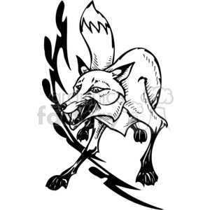 The clipart image depicts a stylized representation of a fox, characterized by its exaggerated features, including a large tail and a fierce expression. The graphic is black and white, which makes it suitable for vinyl cutting or tattoo design purposes. It features bold lines and is devoid of color, typical of designs that are created to be vinyl-ready for signage or other decorative uses.