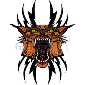 The clipart image features a stylized depiction of a snarling tiger's face. It has exaggerated sharp lines that give an impression of a tribal tattoo design. The tiger has fierce eyes, exposed fangs, and flame-like patterns extending from its fur, indicating a wild and aggressive motif. This type of design is often used for vinyl decals, tattoos, and graphic elements illustrating power, ferocity, or a spirit of rebellion.