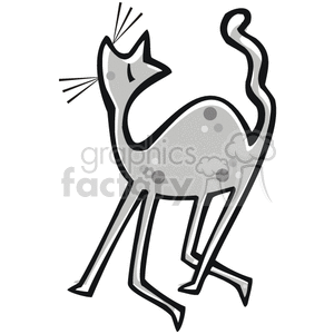 The image is a stylized black and white clipart of a cat. The cat appears to be in a playful or attentive pose, with its tail curled and its back slightly arched. It has spots on its body and is depicted in a simplified graphic form.