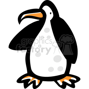 The image is of a cartoon penguin, with black feathers standing on a white background. It has a long orange beak and orange feet.