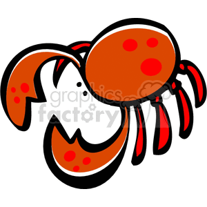 The image is a cartoon drawing of a crab. It is a bright red color and has two large claws. The crab is facing to the left and has two small eyes. 