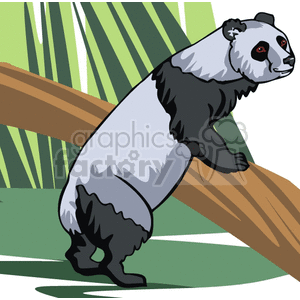 The image shows a cartoon of a panda leaning on a fallen tree. The panda has black and white fur and a round face. There is grass and reeds in the background
