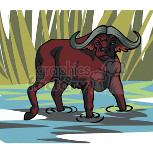 The image is a clipart illustration of an ox, which could also be considered a wild bull or water buffalo, standing in a swamp or watery area. The animal is depicted with large curved horns, and there's a background of tall grasses suggesting a wild, natural habitat. 