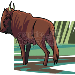 The image depicts a stylized illustration of a bison, also known as a buffalo in North America. The bison is brown with visible horns and is standing in a grassy area with shadowed stripes on the ground, which might indicate the presence of sunlight through a barrier like trees or a fence.