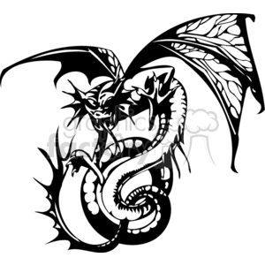 The image is a black and white clipart of a stylized dragon. The dragon appears to be intricately designed with bold lines and sharp edges, which make it suitable for vinyl cutting purposes. It has prominent wings, a long serpentine body, and an aggressive posture, indicating that it might be in a state of alert or attack. The dragon's tail is curled, and its claws are prominently displayed.