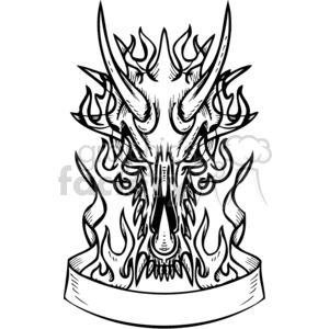 This clipart image features a stylized twin dragon motif with a mirrored design, engulfed in flames, emphasizing a gothic or fantasy aesthetic. At the base of the design is a blank banner scroll, ready to contain text or a message. The artwork is done in a bold, black outline suitable for use with vinyl cutters or for other graphic purposes.