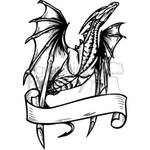 The image is a black and white clipart featuring a stylized dragon with its wings partly spread. The dragon's body is twisted, displaying its scales and spikes, and its head is turned as if looking backwards. A banner or scroll is wrapped around the body, creating a space where text could be added. The design appears to be clean and simple, suitable for vinyl cutting for decals, t-shirt printing, or other crafts that require a vinyl-ready graphic.