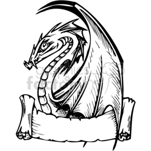 This is a black and white clipart image featuring a stylized dragon perched upon or intertwined with a draped scroll or banner. The dragon is depicted in a dynamic pose, with intricate linework suggesting scales, and a spiky tail and wings, giving it an animated, medieval or fantasy-like appearance.