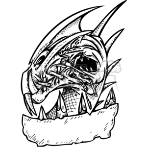 The clipart image displays a stylized dragon with spiky features and an aggressive expression. The dragon is depicted over a banner or scroll, which provides space for text or other design elements. The image is in bold black and white, making it suitable for vinyl cutting, tattoo design, or similar applications that require a simple, high-contrast illustration.
