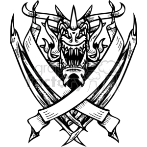 The image is a black and white clipart featuring a stylized dragon with a menacing expression, flanked by two crossed swords. Below the dragon, there is a banner or scroll intersecting the swords. The design is bold and graphic, suitable for vinyl cutting applications or as a decorative element in various media.
