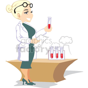 The image shows a cartoon of a woman wearing a lab coat and holding a test tube in her hands. She has short blonde hair, and is standing in front of a desk.  