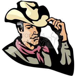 Clipart of a western cowboy tipping his hat, wearing a red bandana and leather attire.