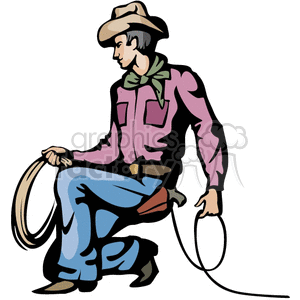A Kneeling Cowboy Holding a Rope