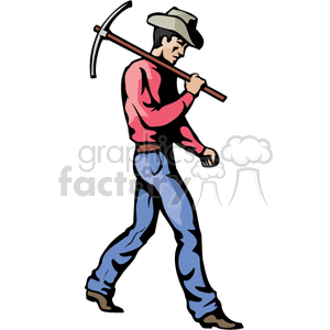 A clipart image of a cowboy in a hat and boots carrying a pickaxe on his shoulder, depicting a Western or Wild West theme.