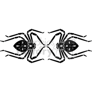 The image consists of a symmetrical, stylized representation of two spiders facing each other. The spiders have an abstract appearance with patterned bodies and segmented legs. This black and white image is designed to be clean and simple, most likely for use with a vinyl cutter, making it suitable for Halloween decorations or themed graphics.