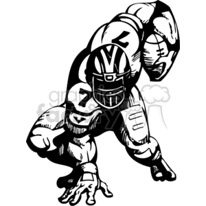   The clipart image depicts a football player in black and white, who appears to be a running back. The player is wearing a helmet, shoulder pads, and a jersey with no visible number. He is holding a football in his left arm while running forward. This image is also designed as a vinyl-ready vector graphic for easy scaling and modification. It is likely associated with American football and the NFL (National Football League). 