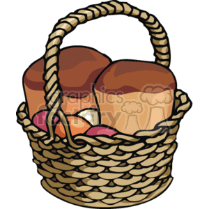 A clipart illustration of a woven basket containing loaves of bread and assorted fruits.