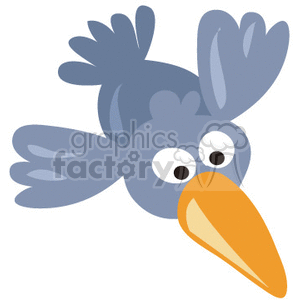 A cartoon illustration of a blue bird with large eyes and an orange beak, appearing to be flying.