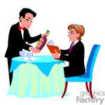 The clipart image shows a waiter serving a bottle of wine to a customer who appears to be sitting at a dining table and reading a menu. 