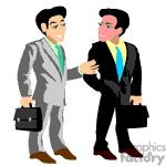 In the clipart image, there are two men dressed in business attire, which includes suits, ties, and dress shoes. One man is wearing a light grey suit and holding a briefcase, while the other is in a black suit. They appear to be engaging in a friendly interaction, with one man placing his hand on the other's shoulder, possibly indicating a greeting, agreement, or encouragement.