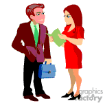 The clipart image features two animated characters—a man and a woman—dressed in professional attire. The man is wearing a maroon suit with a blue tie and is carrying a blue briefcase, while the woman is dressed in a red outfit and is holding a green folder or document. They appear to be engaged in a professional or business conversation.