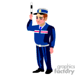 The image is a clipart featuring a traffic policeman. The policeman is dressed in a blue uniform with hat, and he's holding a baton or signaling wand raised above his head, likely in the act of directing traffic or signaling.