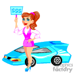 The clipart image features a cartoon of a woman with brown hair wearing a pink outfit. She is standing next to a blue sports car and is holding a sign with the dollar sign symbol $$$ on it, possibly indicating a sale or a special offer.