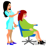  This clipart image features two animated characters representing a hairdresser or stylist and a client. The stylist is standing and styling the seated client