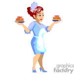 The clipart image depicts a smiling woman dressed as a waitress or server, wearing a blue dress with a white apron. She has red hair styled in a bun and is holding two plates of food, one in each hand, ready to serve.