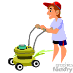 The clipart image depicts a person mowing the lawn with a push lawn mower. The individual is wearing shorts, a t-shirt, and a baseball cap.