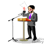 The image is a clipart of a man giving a speech. He is standing at a podium with a microphone and is holding up a piece of paper and waving it around as if to show the results or agenda. The man is wearing a suit and tie and has a beard.