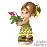 This clipart image features a cute cartoon girl with brown hair tied into a ponytail with a yellow ribbon. She's wearing a green dress with yellow flower patterns and green shoes. The girl is gently holding a potted plant with a pink flower blooming from it.