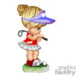 The clipart image depicts a cartoon of a little girl golfer. She has blonde hair tied up in a ponytail, is wearing a visor cap, a red sleeveless top, a white skirt with pleats, and white golf shoes. She is holding a golf club with her right hand and appears to be focused on a white golf ball at her feet, which is on a small patch of grass. The figure is stylized and cartoonish rather than realistic.
