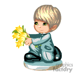   The image depicts a digital clipart of an animated boy with blonde hair kneeling and holding a bunch of yellow flowers. The boy is wearing a long-sleeve blue shirt and dark pants. The style is cute and cartoony, suitable for a variety of casual uses, such as greetings or decorations for children