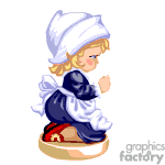 The image is an animated clipart of a maid. She is wearing a traditional maid outfit with a white apron and headpiece. She appears to be crouching or kneeling on a cushion, possibly engaged in cleaning or some kind of domestic work.