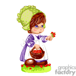   The clipart image depicts a cartoon of a young child wearing a green hat and a white outfit with a purple trim. The child is holding a flower in one hand and a basket of picked flowers in the other. The expression on the child