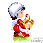   The clipart image features a cartoon of a young girl holding a chicken. She is wearing a red dress with a white apron and chef