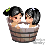 The clipart image depicts two animated children with black hair, taking a bath together in a wooden tub filled with bubbles. One child has a yellow hair accessory.