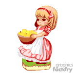 The clipart image shows an animated girl with blonde hair, wearing a red and white dress, and striped stockings. She is standing on a green and brown base, possibly representing grass and earth. She is holding a brown bowl or basket with yellow objects that could represent fruit like apples or peaches.