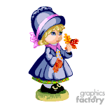 The clipart image illustrates a young girl wearing a blue coat and hat, with a pink bow in her hair. She is holding an orange bouquet of flowers and standing on a base with grass.