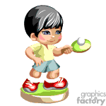 This clipart image features an animated character stylized as a young child or a figurine, holding a ping pong paddle in one hand and playing with the ping pong ball. The character has a playful stance and is wearing casual clothing with red sneakers.