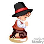 The clipart image features a character, presumably a boy, dressed in traditional clothes including a large oversized black hat with a red band, a white shirt, a brown vest, and brown knee-length pants. He is kneeling on one knee on what appears to be a wooden base or platform, with his hands clasped together as if in prayer, contemplation, or deep thought.