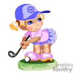   This clipart image depicts a cartoon of a young girl playing golf. She is wearing a pink dress, a purple baseball cap with what seems to be a snail shell pattern, and pink golf shoes. She has blonde hair in pigtails. The girl is shown in a posture ready to swing at a golf ball, holding a golf club, and there