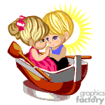 The image depicts two animated children, a boy and a girl, sitting in a rowing boat. The girl has a pink bow in her hair, and both children have blonde hair. They appear to be hugging or holding each other close while the sun shines brightly behind them.