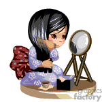The image features an animated character, likely a girl, sitting down with her chin resting on her hand, looking thoughtfully at a mirror. She has black hair, a purple traditional Kimono with flower patterns, and a red cushion at her back. Beside her is a traditional Japanese tea cup. The style is reminiscent of Japanese anime.