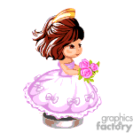   The clipart image depicts a young girl in a fancy pink dress with bow details, holding a bouquet of pink roses. She has brown hair, styled with a hair accessory that appears to be a golden crown or headband. The girl is portrayed in a whimsical, cartoon-like style, making it suitable for themes such as children