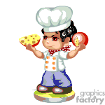The clipart image features a cartoon chef, wearing a traditional white chef's hat and coat, with a scarf around the neck. The chef is holding a piece of cheese in one hand and a tomato in the other, possibly suggesting that they are making a pizza or a dish that includes these ingredients. The character appears to be standing on a small green and yellow platform.